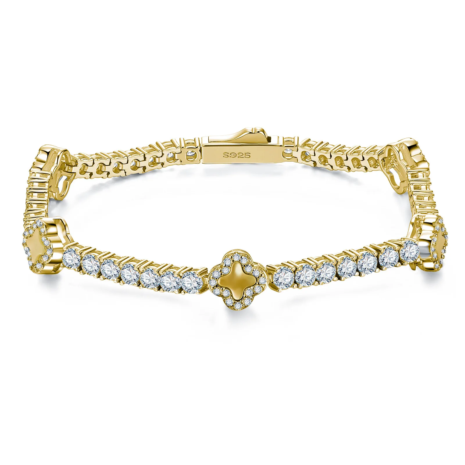 

Women's 925 Sterling Silver Bracelet with 4.1ct Moissanite Clover Tennis Chain 18K Gold Plated Jewelry Gift