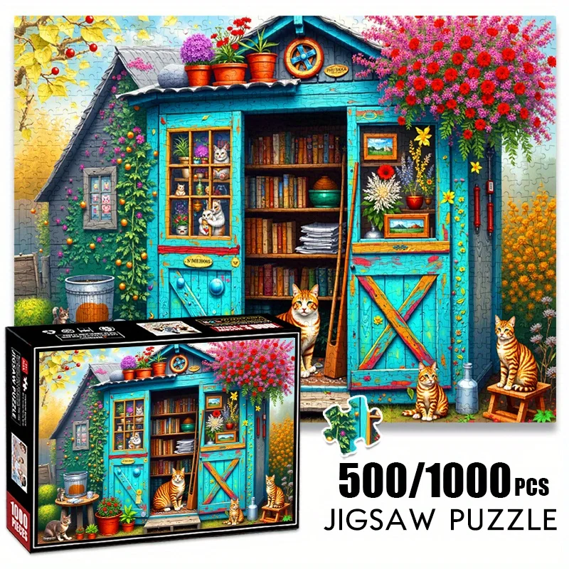 لغز 500/1000 قطعة - منزل خشبي ساحر مع قطة وزهور وكتب، ألوان نابضة بالحياة، تصميم رائع، مثالي لديكور المنزل