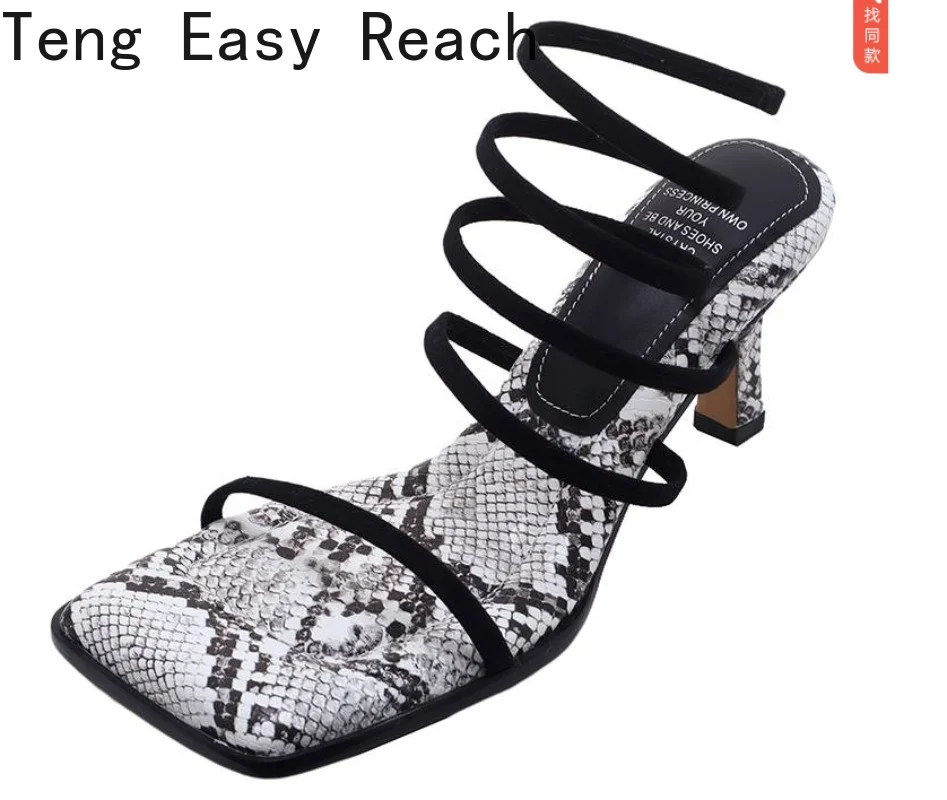 New Serpentine Winding Crystal Square Peep Toe Gladiator Fairy Sandals Women Slip-on High Heels Summer Slingback Shoes Lady