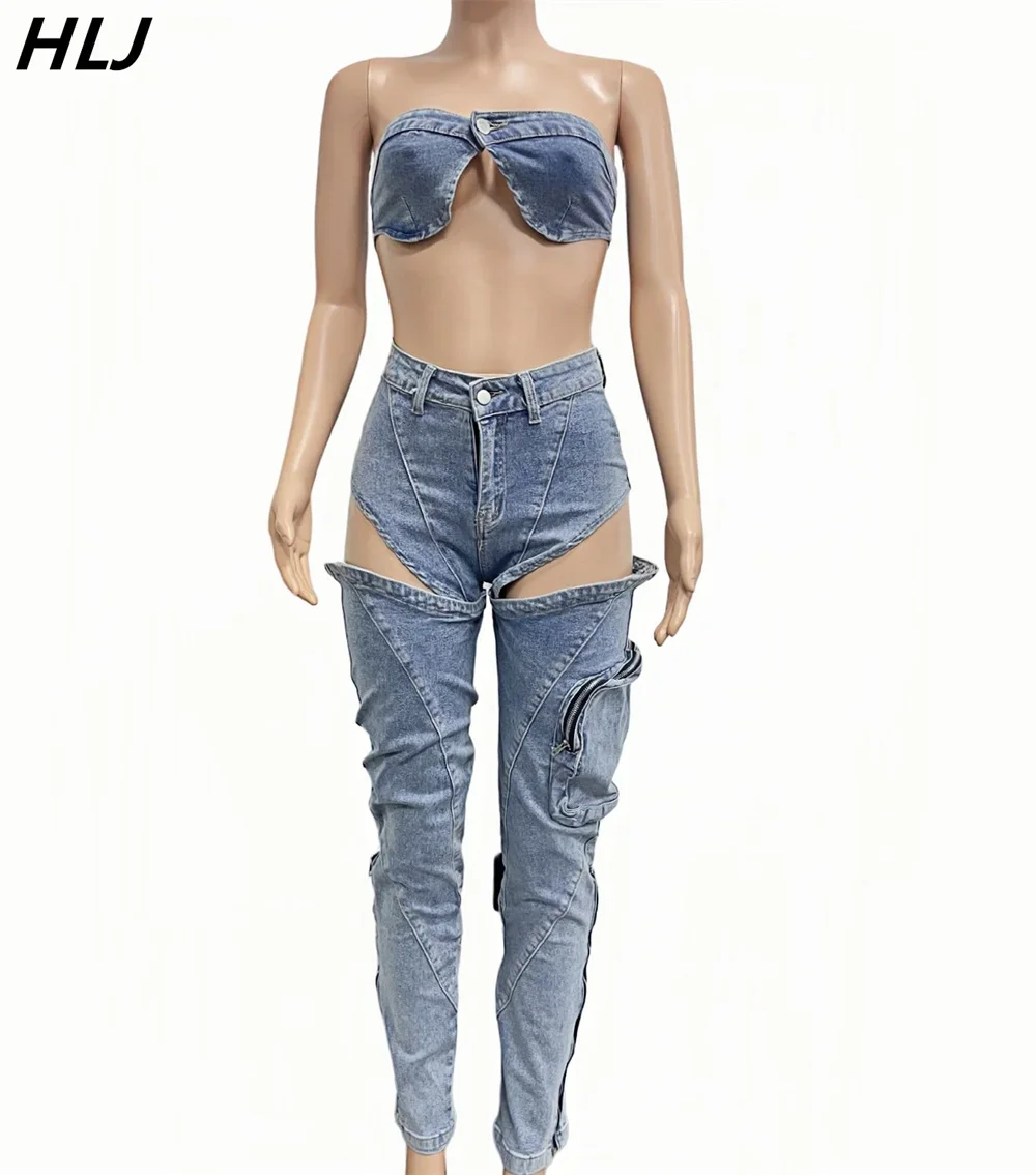 HLJ Sexy Denim Sleveless Hollow Out 2 Piece Sets Outfit Women Bikini Tops and Cargo Jean Pants Suits 2024 Y2K Cowboy Streetwear