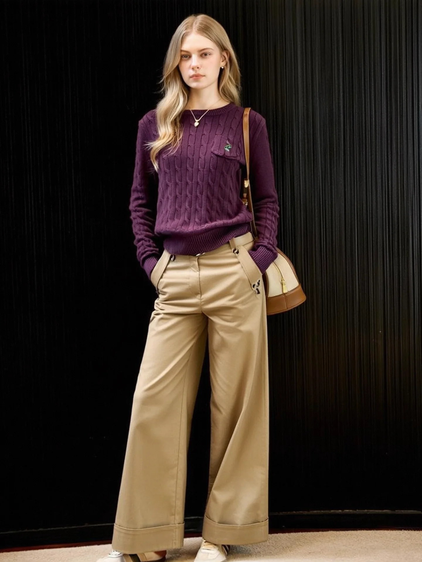 

HUAAPPUW Повседневный вязаный свитер с длинным светом, фиолетовый, облегающий круглый пуловер Ne, мягкая акриловая смесь хлопка, осенняя новинка...