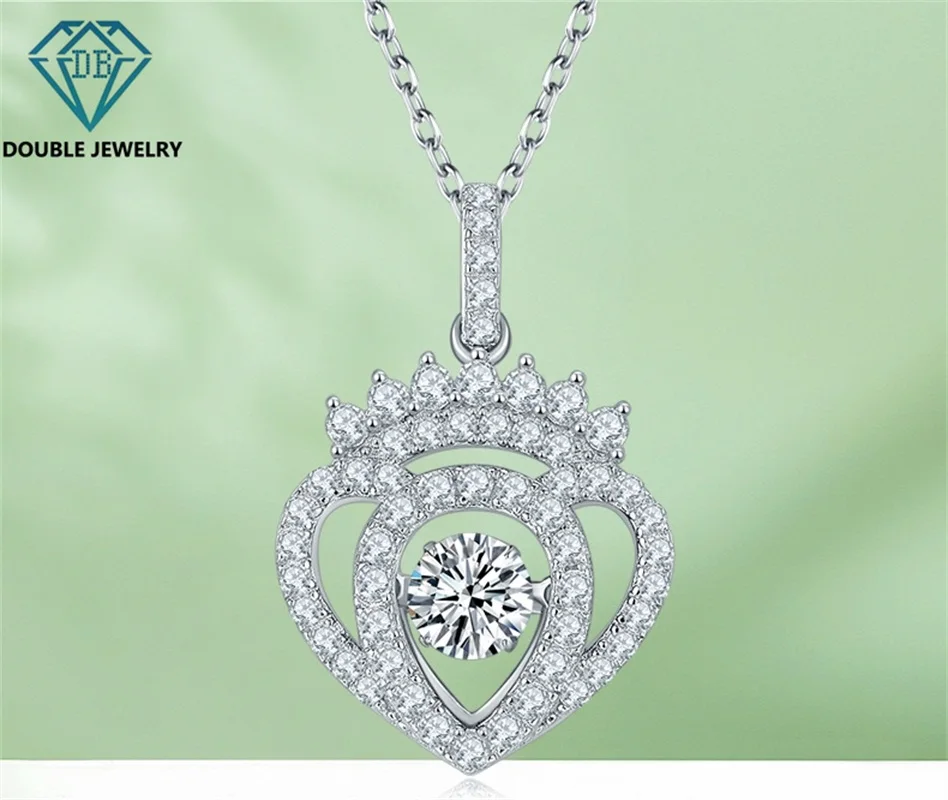 Double Jewelry Crown Heart design Dancing Moissanite Pendant Necklace S925 silver jewelry for Woman wedding party jewellery gift