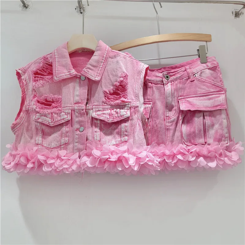 Summer 3D Lace Petals Splicing Denim Waistcoat Sleeveless Jeans Jacket Cowboy Vest Tank Tops + Double Pockets Short A-Line Skirt