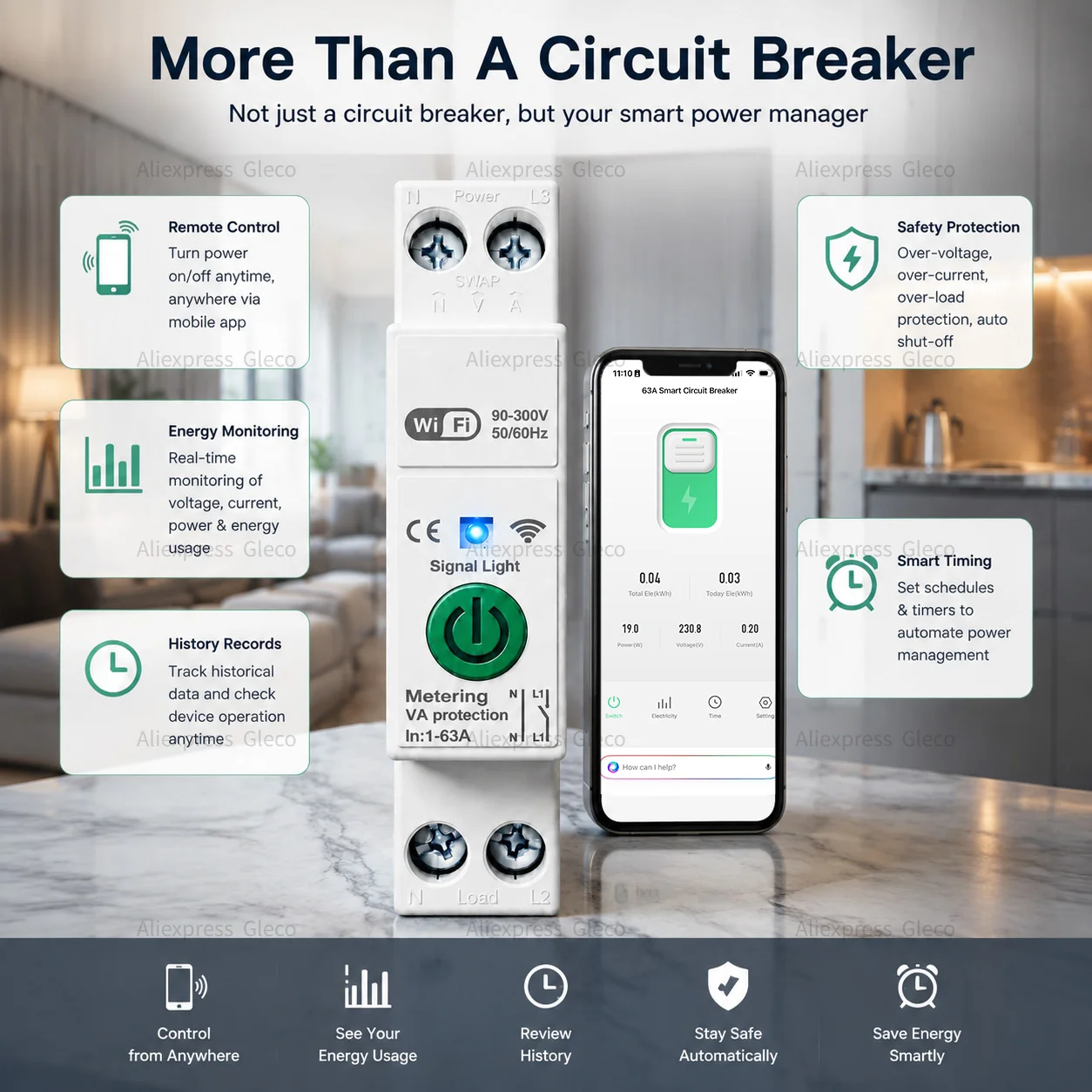 Tuya WiFi Smart Circuit Breaker Zigbee 63A Relay Switch MCB 1P+N Kwh Timer Voltage Current Protect Power Meter For Alexa Google