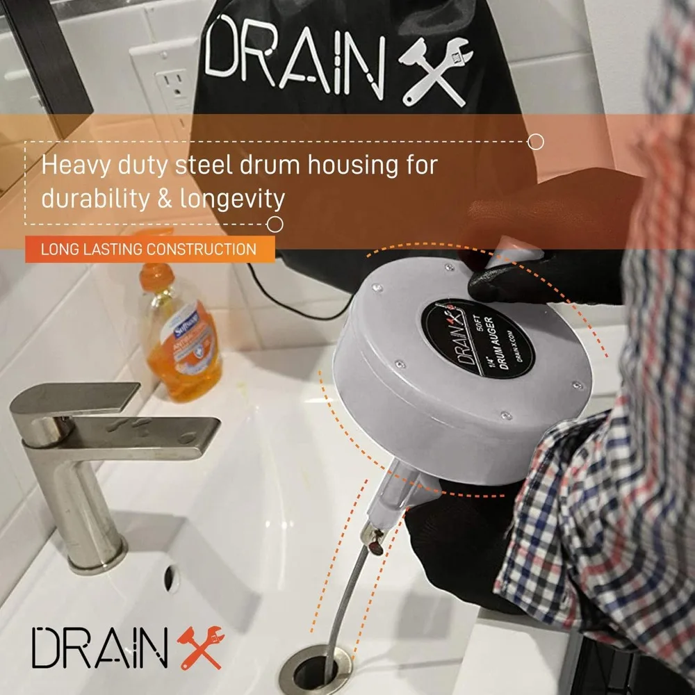 Drainx Pro 50-FT Heavy Duty Steel Drum Drain Auger Plumbing Snake with Work Gloves and Storage Bag