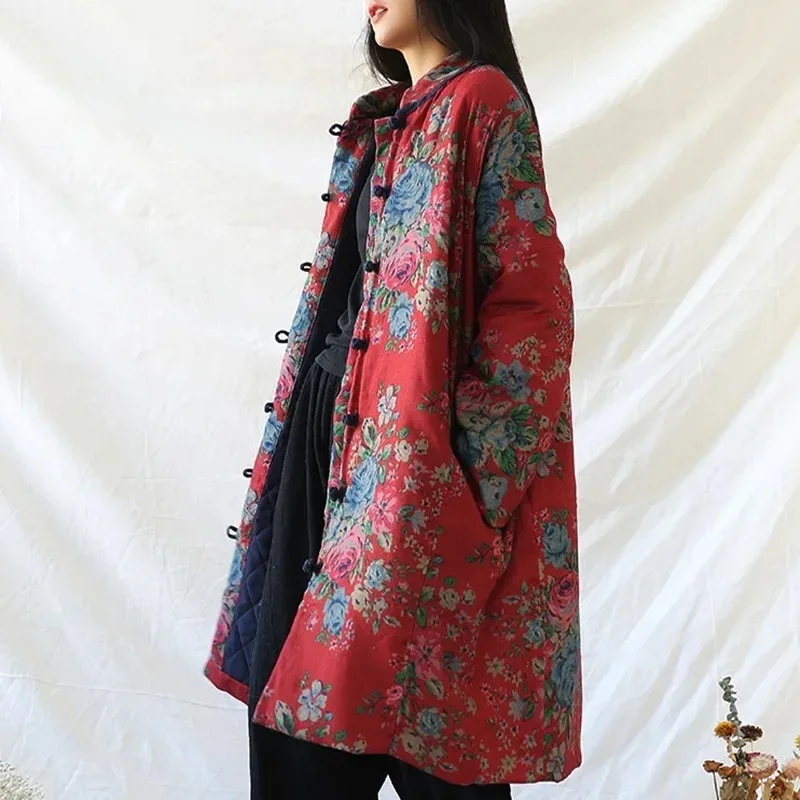 Chinese Style Clothing Warm Cotton Print Flower Coat Robes 2024 Winter New Loose Retro Women Vintage Parkas 13 NM33 view 3