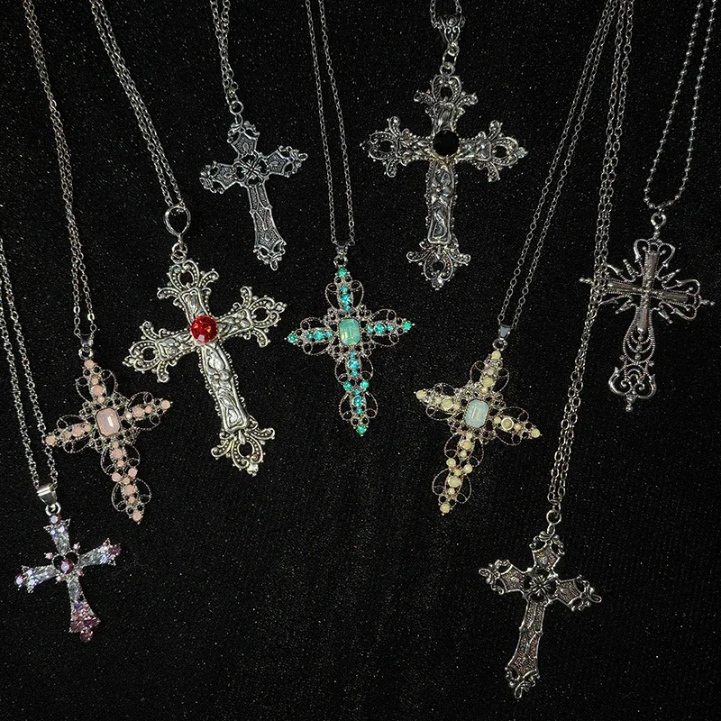 

Gothic Big Zircon Cross Necklace Unisex Y2K Irregular Goth Large Cross Pendant Necklaces for Men Women Couple Necklace Jewelry