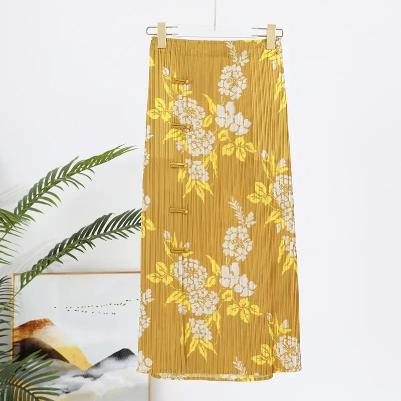 Demi-jupe fendue à boucle de Style chinois pour femmes, imprimé froissé, nouveau sac polyvalent, jupe plissée suspendue aux hanches, été 2025