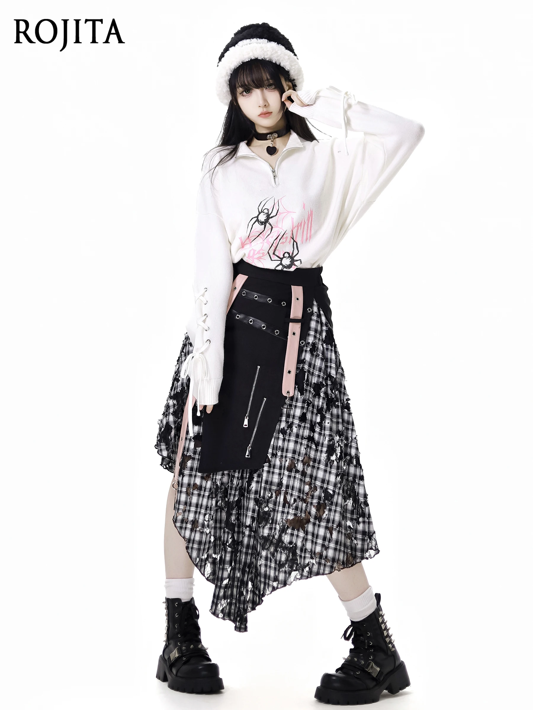 

Strap Soft Long Sleeve Knit Sweater for Women 2025 Spring Summer Black and White Checked Irregular Half Skirt Y2k Pleated Skirt