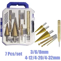 7Pcs Step Drill Bit Saw Drill Set Center Punch Titanium Milling Cutter 4-12/4-20/4-32mm 3/6/8mm Twist Drill Bit For Hole Opener