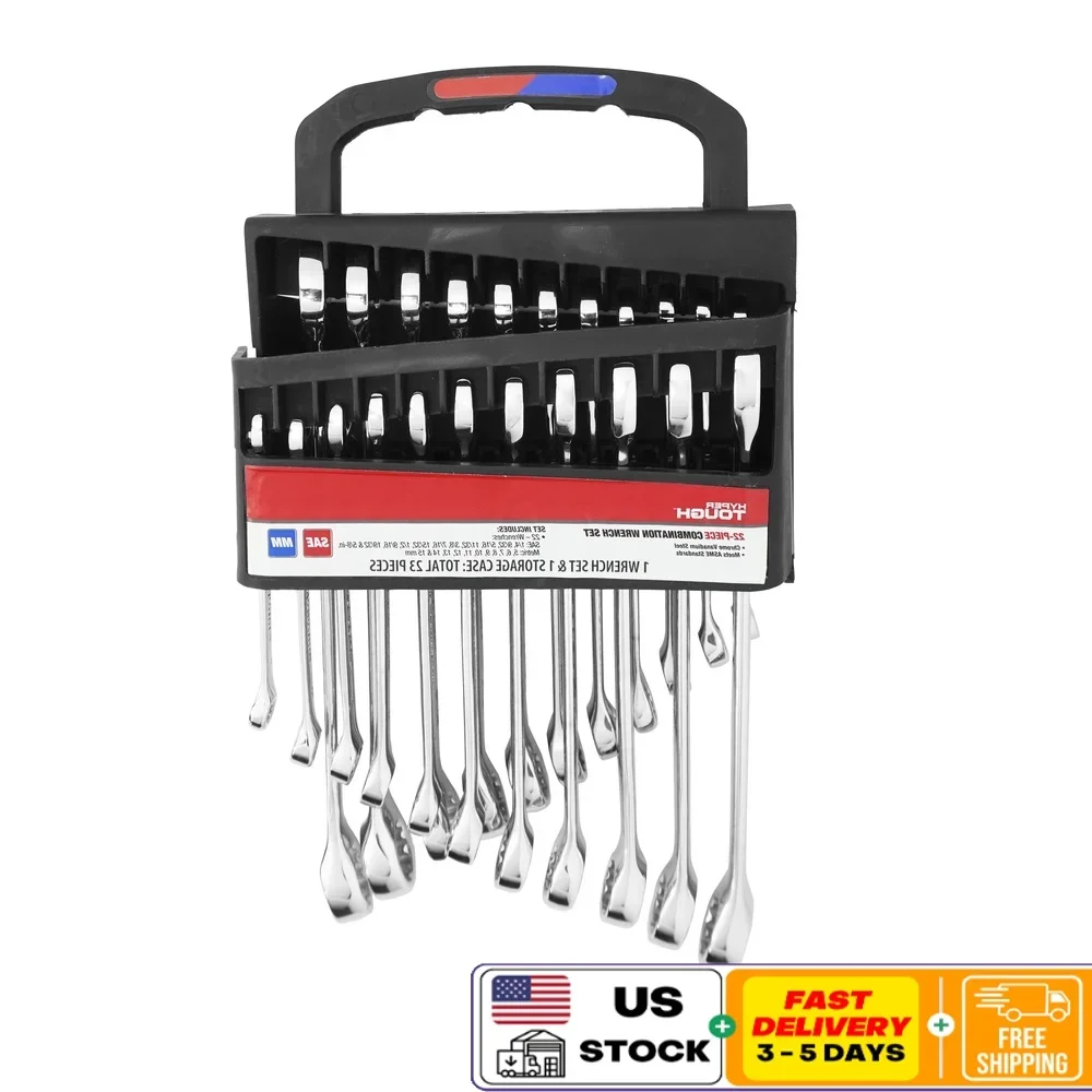

22 Piece Combination Wrench Set Metric SAE Chrome Vanadium Steel Mirror Polished Durable Heat Treated Storage Case