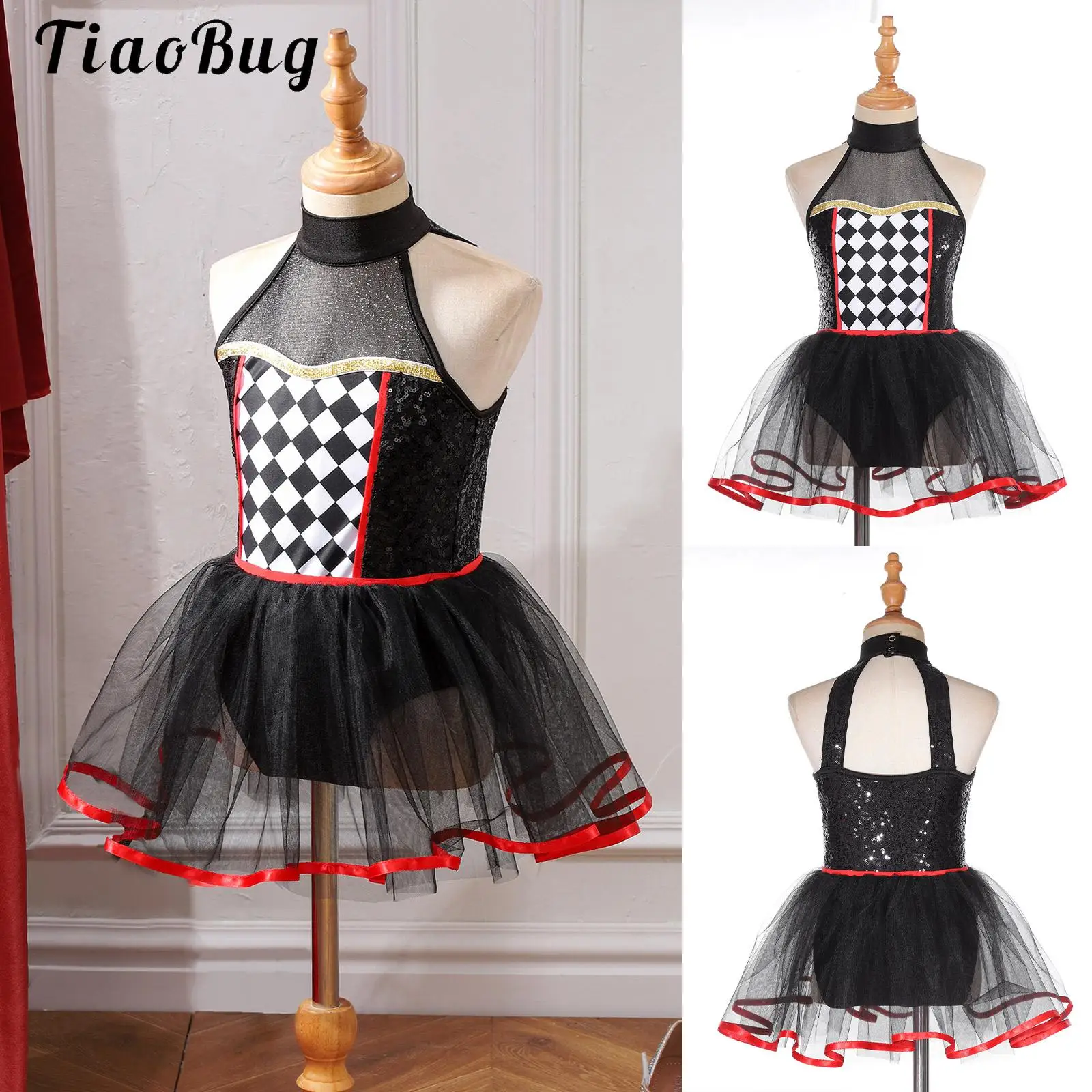 Kids Girls Circus Clown Costume Halloween Evil Jester Fancy Dress Up Ballet Dance Tutu Dress Checkerboard Sequins Dance Leotard