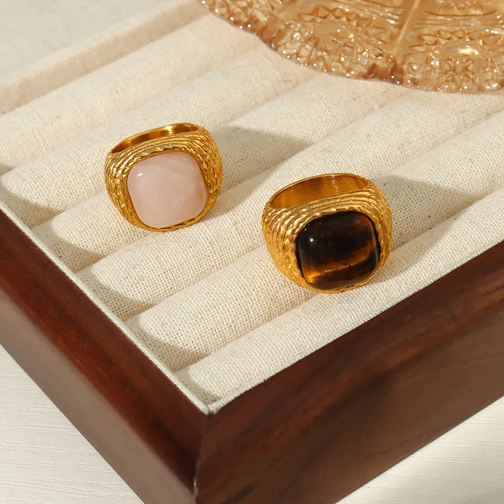 Retro Women's Niche Light Luxury Retro Woven Hemp Rope Pattern Ring Set With Natural Stone Gold-plated Ring Anillos De Pareja