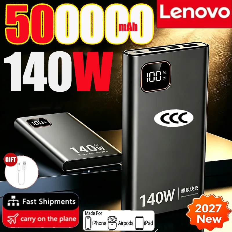 Lenovo 500000mAh CCC Power Bank Portable 140W Large Capacity Super Fast Charging Battery Charger Spare Battery For Xiaomi iPhone