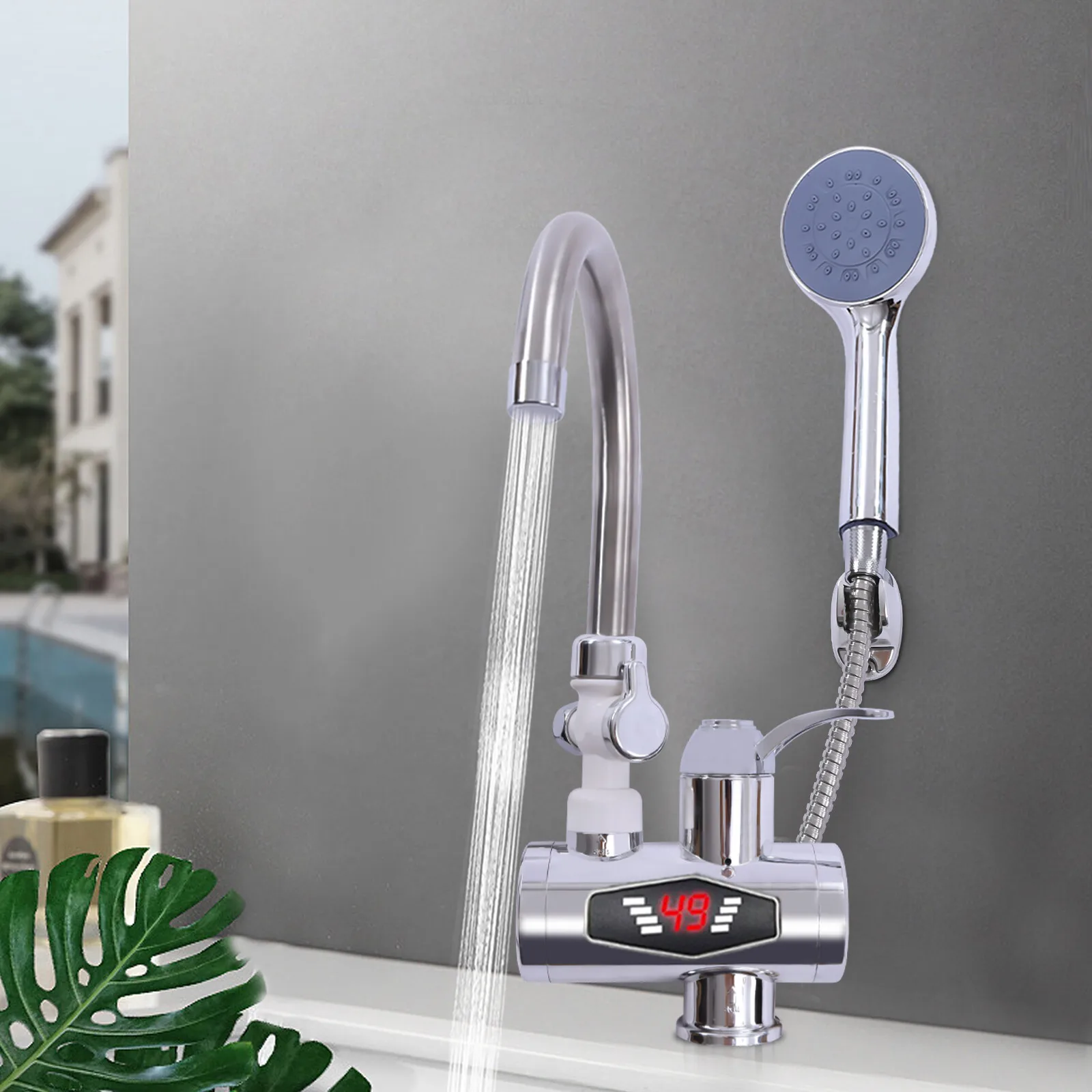 360 °   Drehbarer elektrischer Wasserhahn mit LCD-Display, 3000 W, schnelles Aufheizen, IPX4, wasserdicht, EU-Stecker für Waschbecken und Dusche, Silber