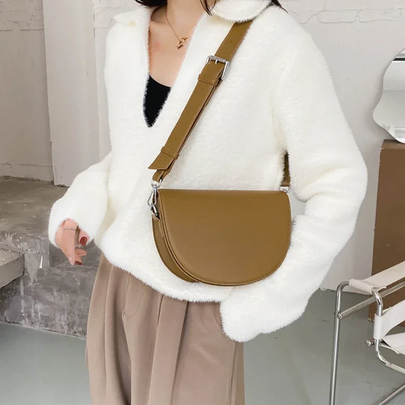 

Retro Solid Color Saddle Bag High Quality Leather Shoulder Bags for Women 2023 New Simple Ladies Crossbody Bag Designer Handbags