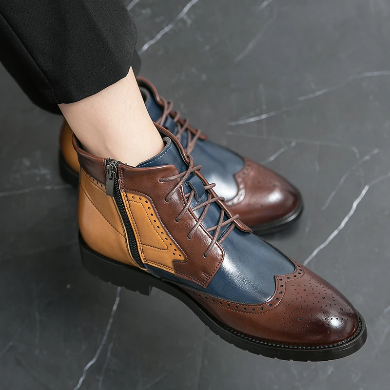 Luksusowe markowe buty męskie moda na co dzień wysokie buty Oxford formalne buty Chelsea buty blokujące kolory skórzane sznurowane buty