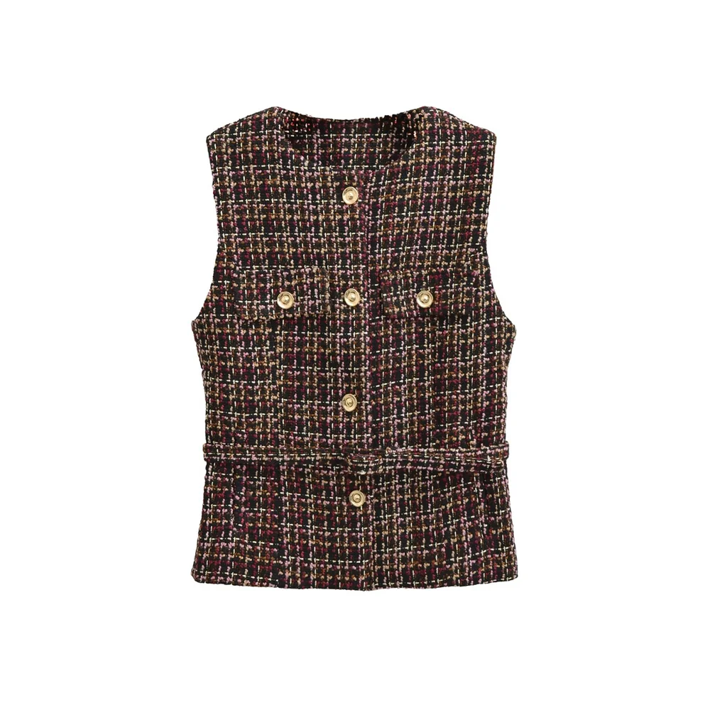 

Autumn new women's clothing style round neck sleeveless single breasted waistband with textured vest vest vest vest