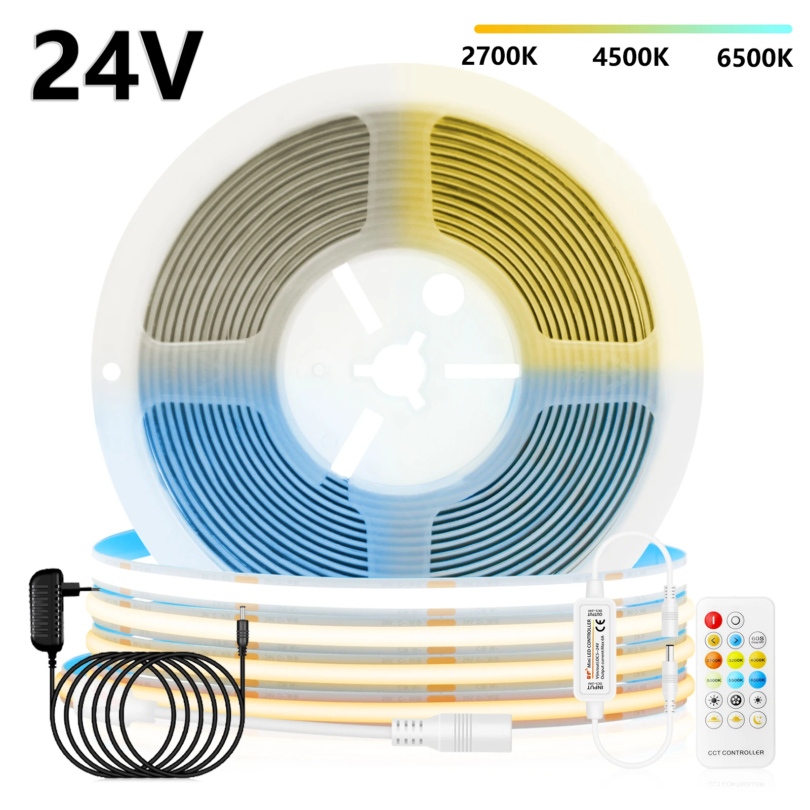 CCT COB LED Strip 24V 2700-6500K Dimmable Linear Lighting 576LEDs/m Flexible Tape 17Key Remote Control EU/US/UK/AU Power Kit