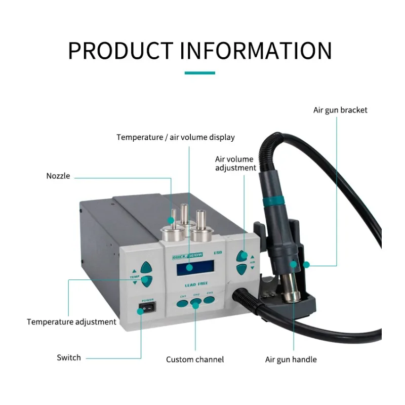 Stazione di saldatura QUICK 861DW stazione di rilavorazione ad aria calda 1000W stazione dissaldante con Display digitale intelligente per la