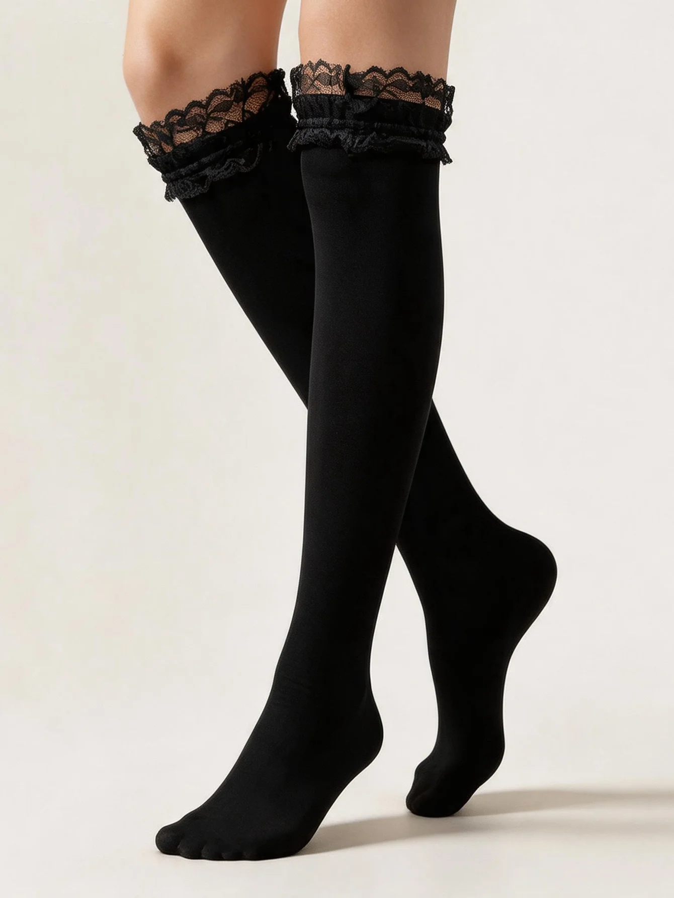 Women's Black Calf-Length Double Lace Ruffle Trim Opaque Socks, Preppy Gothic Style Hosiery for Daily & Party Wear view 3