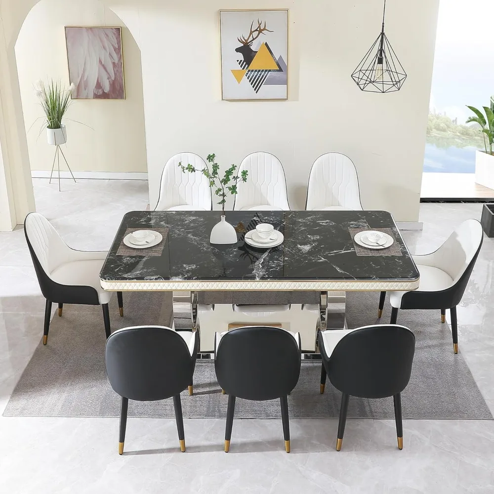 Mesa de comedor de 9 piezas, mesa de mármol de lujo de 79 ", mesa de piedra rectangular con 8 sillas de comedor blancas y negras, mesa de comedor
