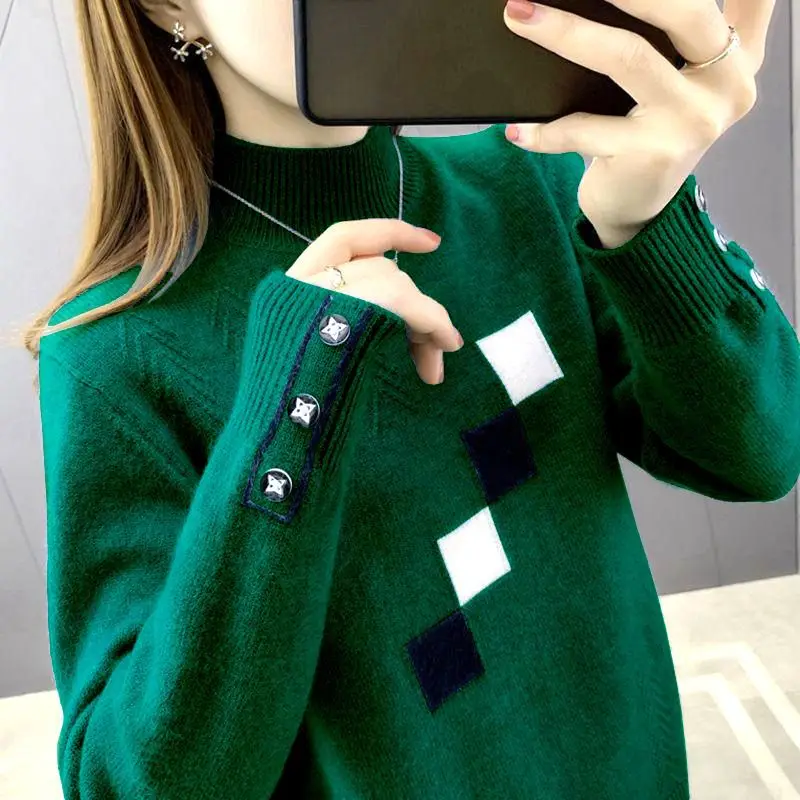 Fashion Turtleneck Spliced Button All-match Casual Sweaters Female Clothing 2023 Autumn Winter New Korean Pullovers Sweaters