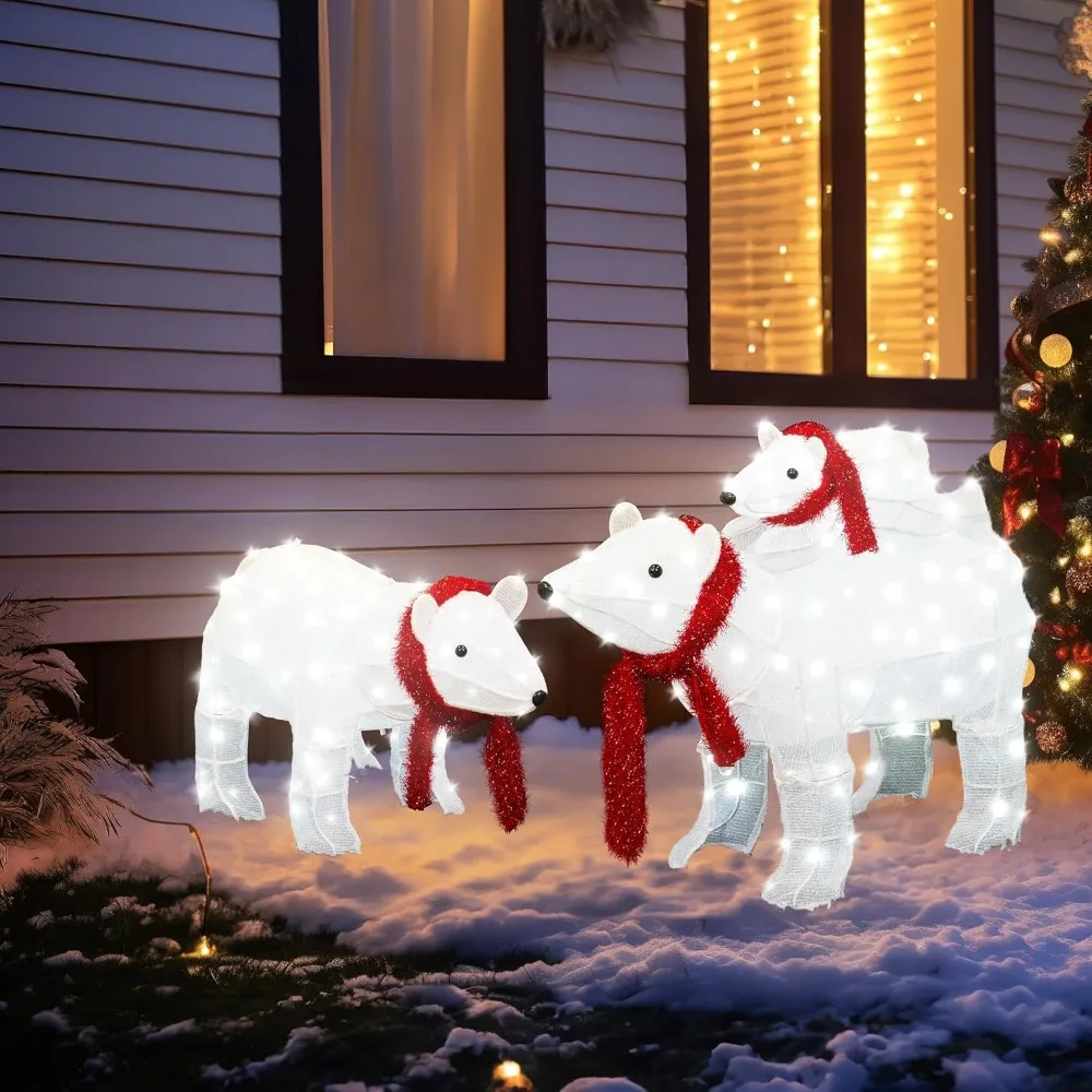 Lighted Polar Bear Family Set of 3, Light up Christmas Decoration Polar Bear with 210 LED Lights and Red Scarf