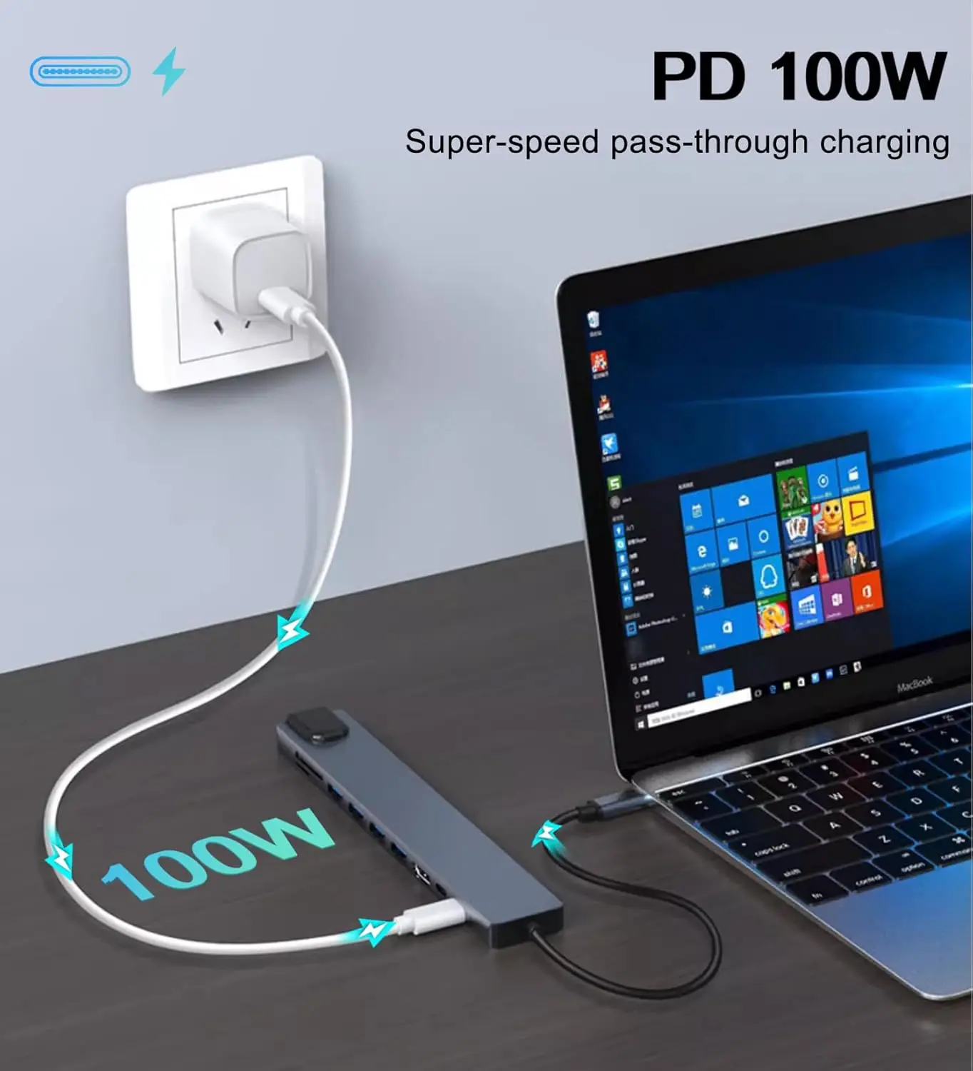 Immagine 6: Docking Station USB C con HDMI 4K, Ethernet 100Mbps, Lettore Schede SD/TF, USB 3.0/2.0 e Ricarica PD 100W - per Macbook