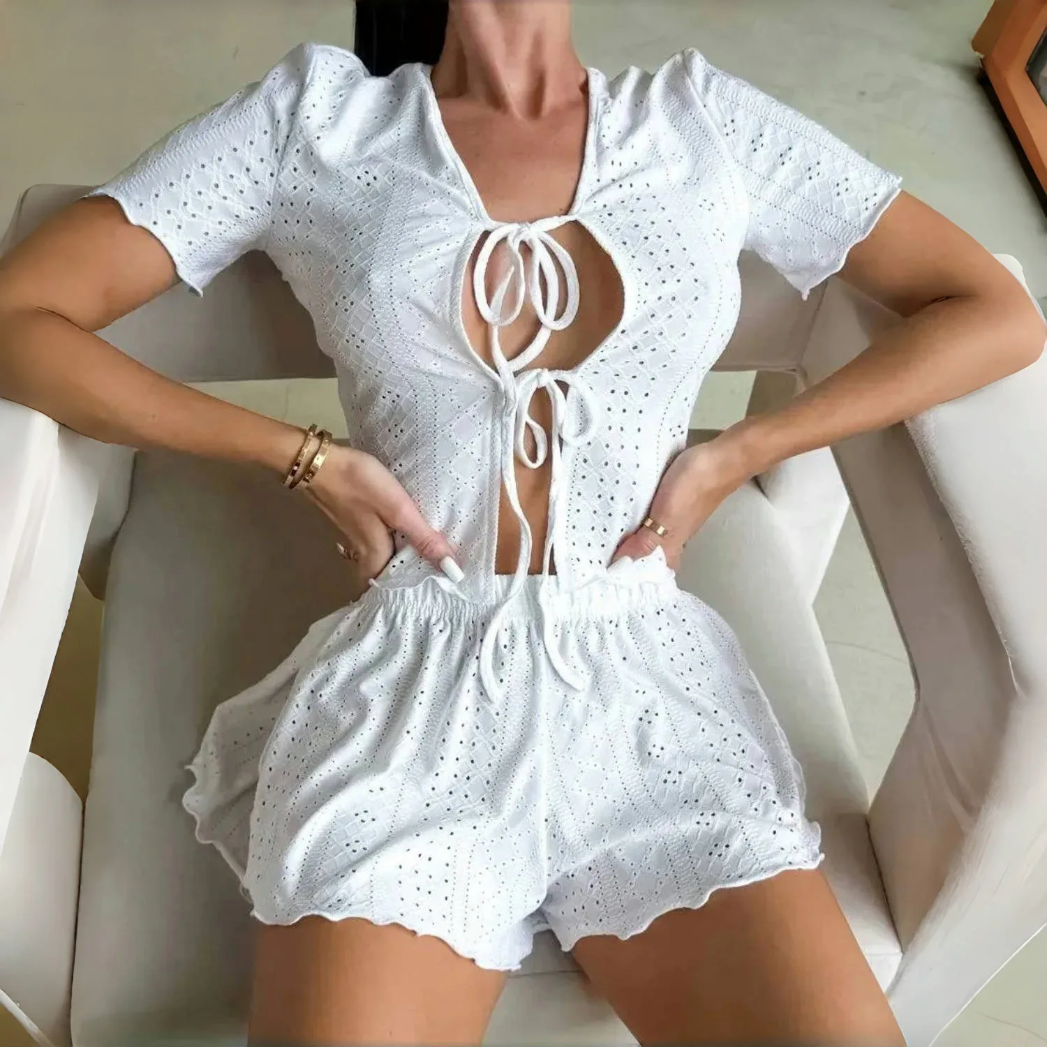 

Women Pajamas Set New Hollow Short Sexy Cardigan Solid Color Knitted Short Sleeve Set Pajamas Loungewear