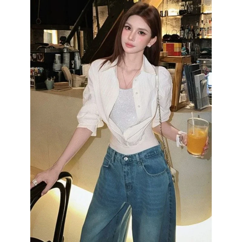 

Весенние женские блузки в стиле Y2K с эффектом двухслойности, в стиле Харадзюку, пэчворк, гранж, винтажные топы со стразами