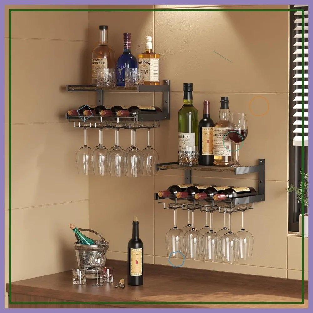 

Wall Mounted Wine Rack with Stemware Hanger, Industrial Glass Bottle Shelf, Floating Storage Shelves for Bar Kitchen (Brown, 2)