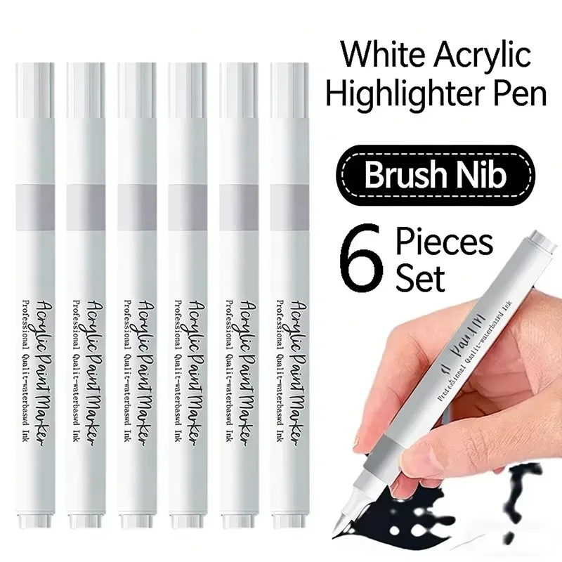 

6pcs/set Acrylic Marker ,Brush Permanent Pen Art Supplies for Black Paper,Tire,Plastic,Stone,Painting for,Beginners White