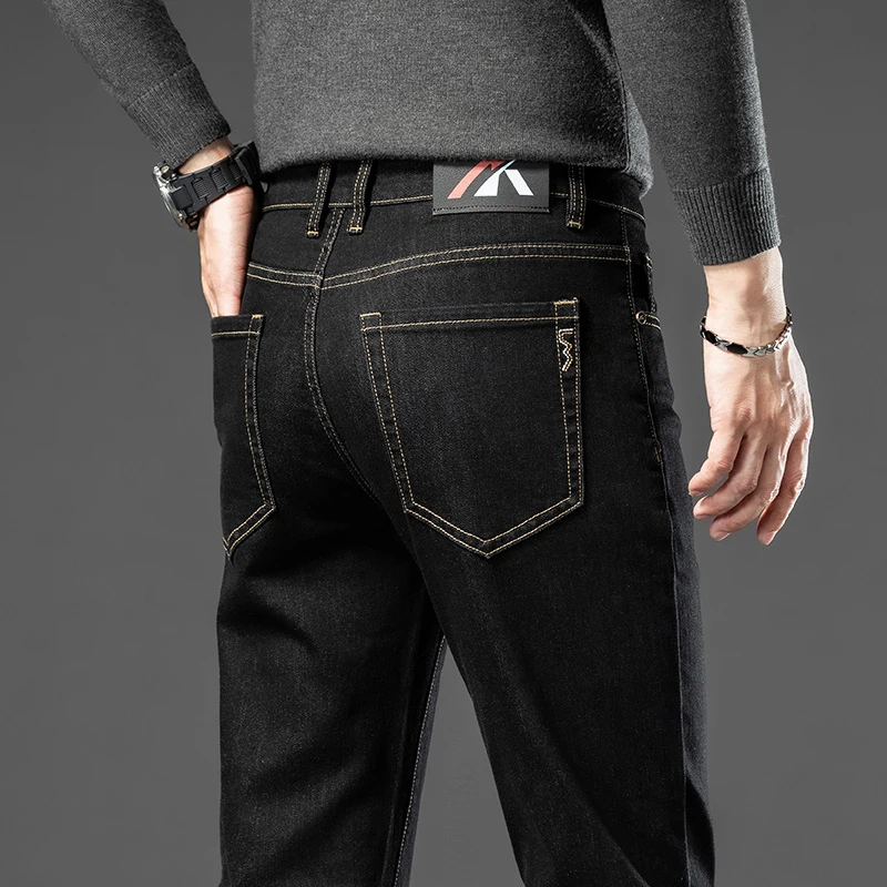 New Men's Business Straight Leg Jeans Spring Autumn Fashion Stretch Slim Black Denim Casual Pants Brand Mens Denim Trousers