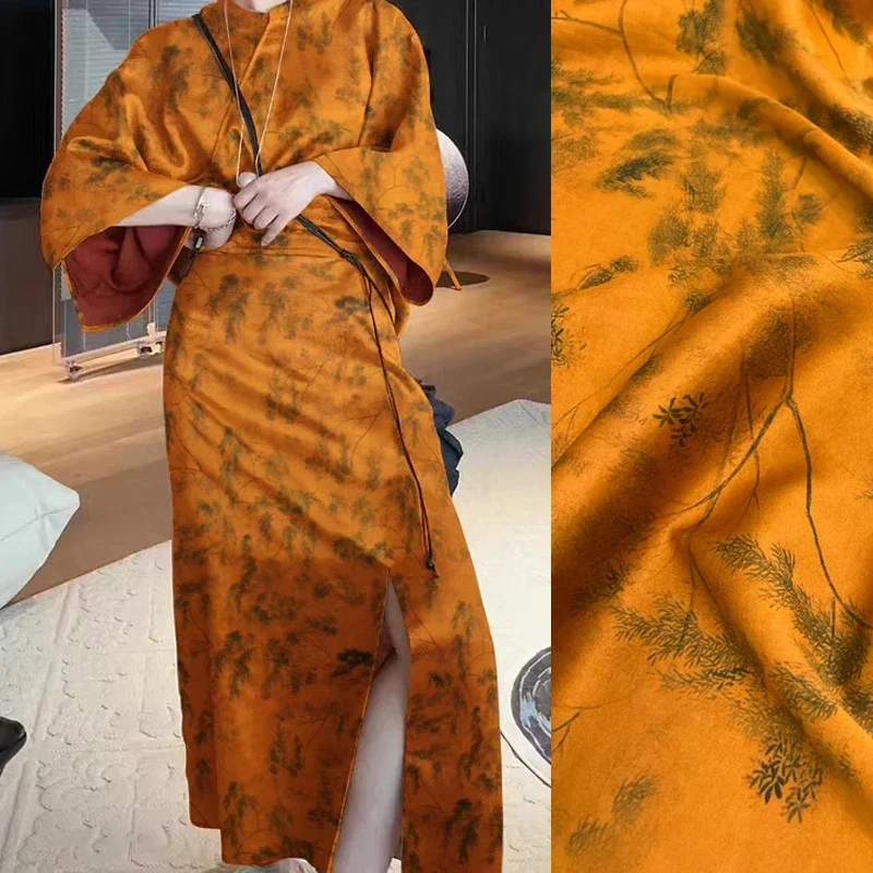 

Trees Print Orange Stretch Silk Fabric - Wide 118CM - Ideal for Dress & Cheongsam - High-Quality Silk Fabric for Sewing D1260