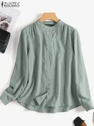 2024 ZANZEA Fashion Tops Long Sleeve Shirt Women Autumn Stand Collar Casual Solid Color Blouse Button Up Elegant Office Blusas