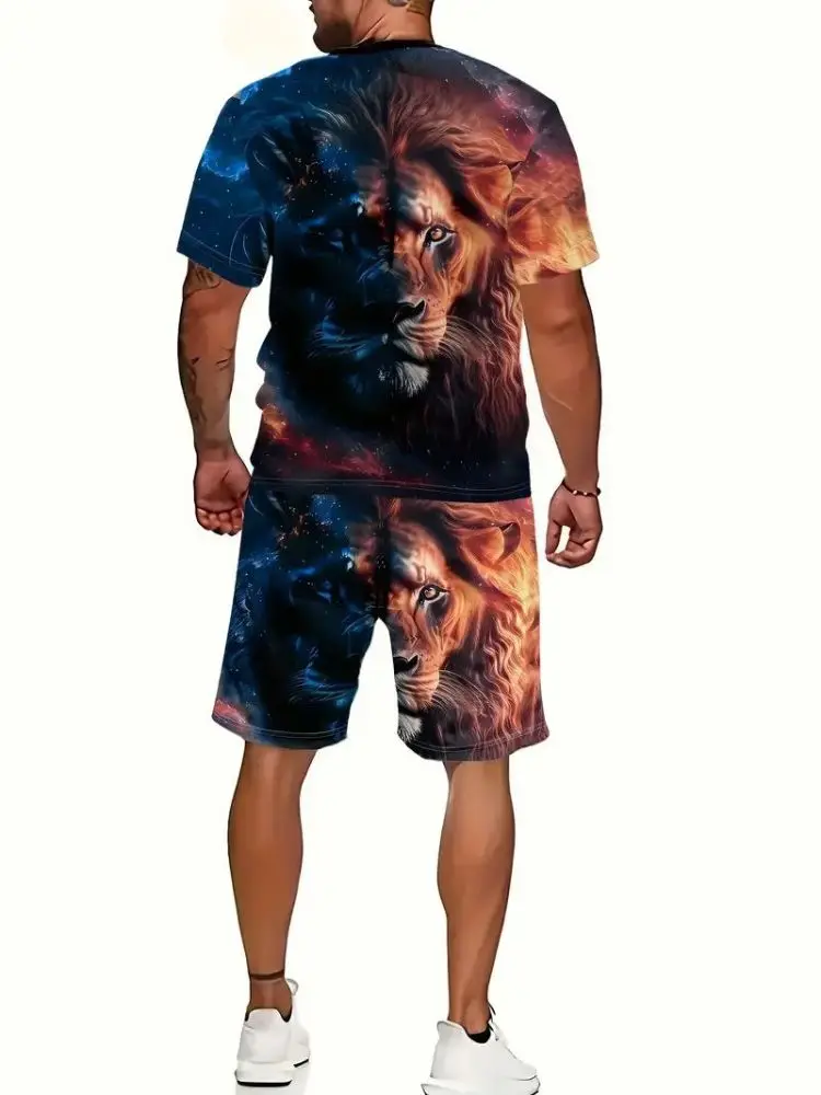 Men's Outfit 2-piece Street Trend Lion Pattern Men's Sportswear Fashion 3D Print T-shirt+Shorts Summer Men's Comfortable Set