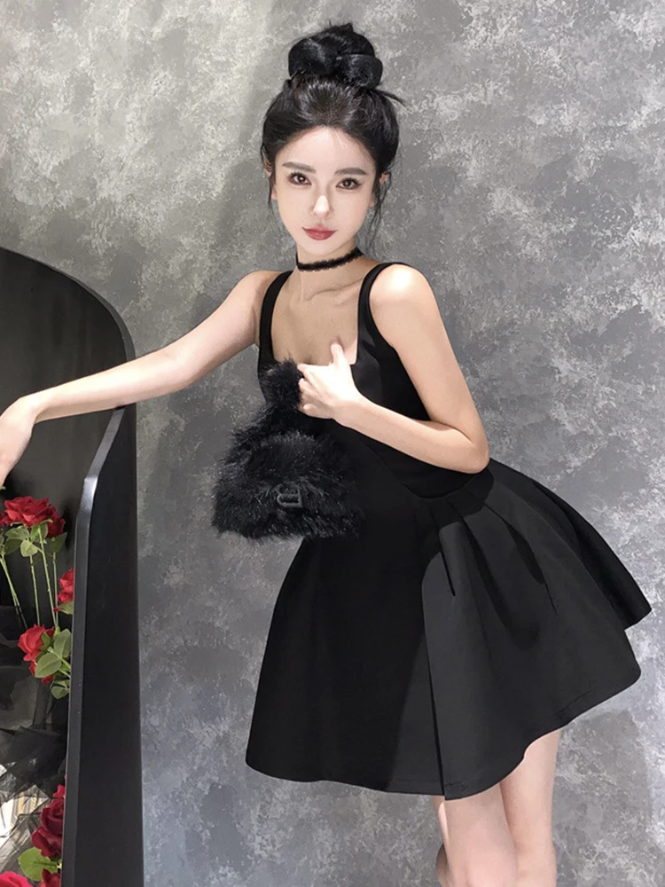 Frauen Kleidung Y2K Schwarz Sexy Strap Square Neck Schlank A-Line Mini Kurzes Kleid Elegante Dame Mode Abend Party Prom Vestidos Neue