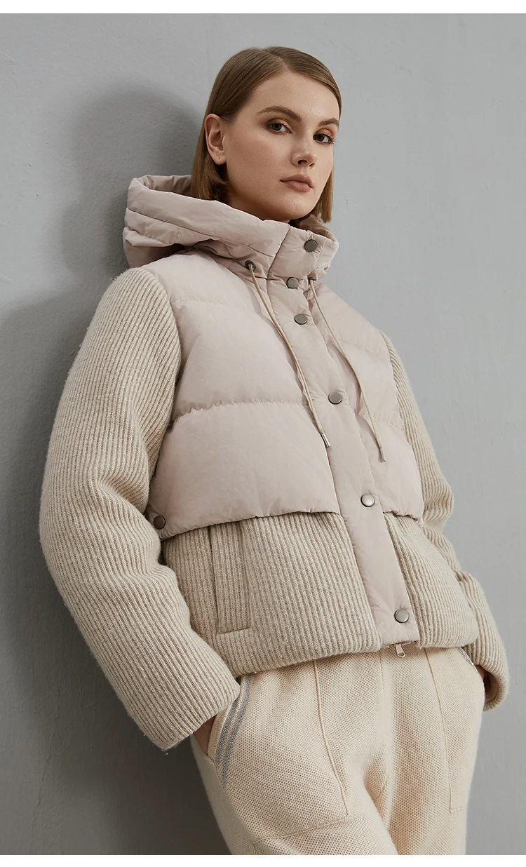 BC800 High Quality Luxury Wool Patchwork White Goose Down Jacket Winter Women's Clothing