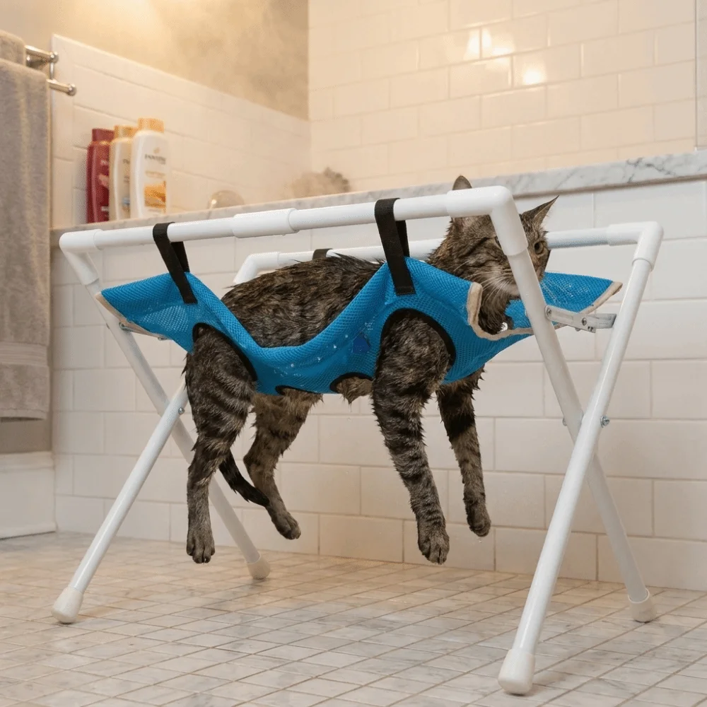 Folding Cat Bathing Rack Breathable Anti-Bite Pet Grooming Hammock Stable Structure Quick-Dry Mesh Nail Clipping Table