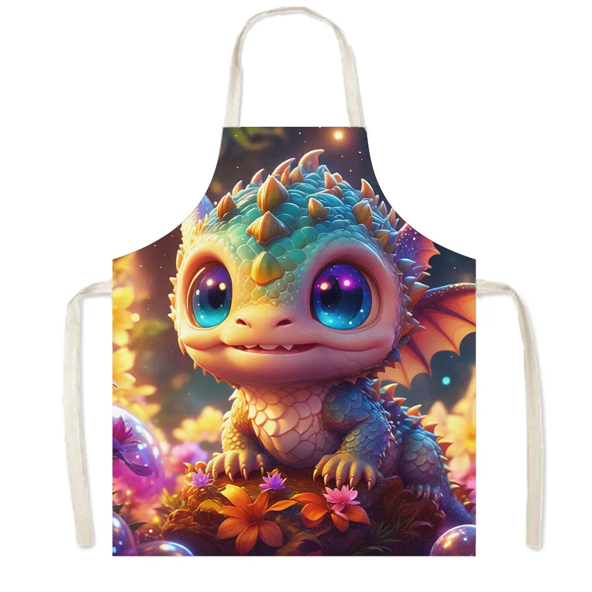 Cute Dragon Baby Print Kitchen Aprons Fantasy Elf Girl Home Cleaning Clothing Linen Pinafore Chef Waiter Cooking Apron Gift