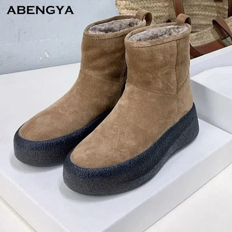

2025 Winter New Suede Platform Wool Boots Women Thick Sole Casual Warm Ankle Boots Designer Brown Fur Shoes Snow Boots For Women
