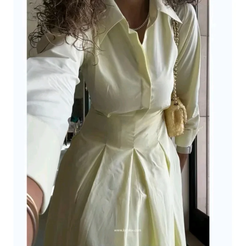 خريف جديد Sle المرأة لون نقي irt Sle ميدي الدكتور مع الطيات الخصر في وطويلة Sve بدوره إلى أسفل طوق الدكتور