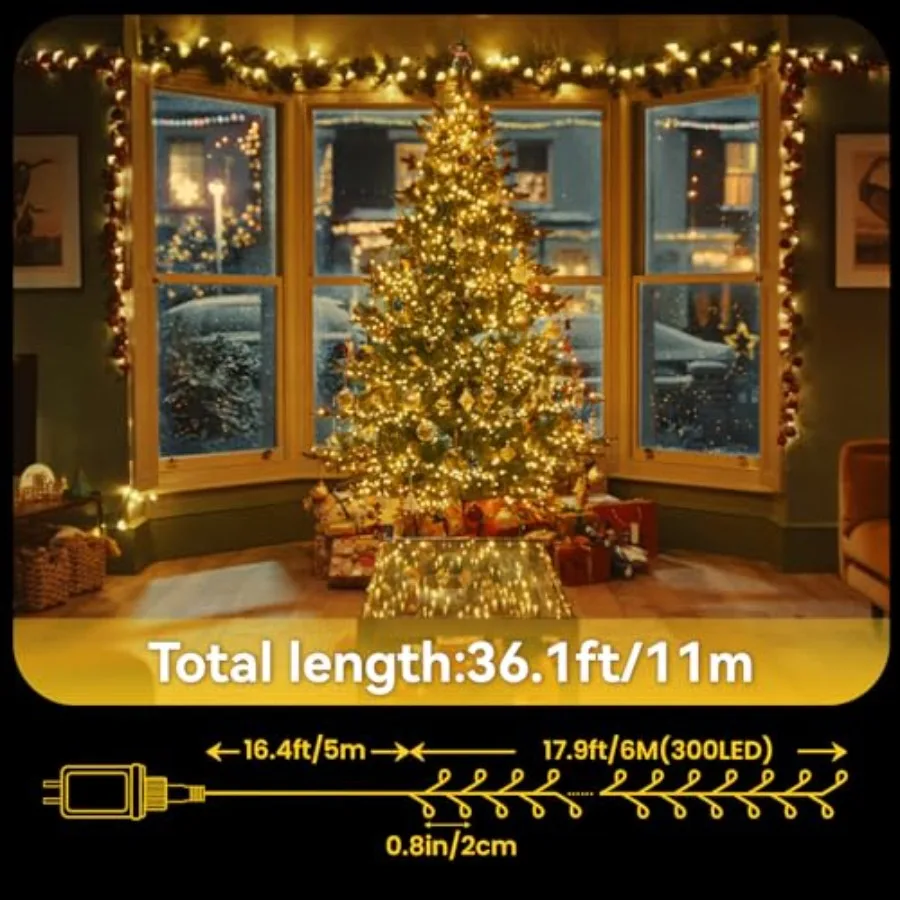 300 LED Warm White String Lights - 36FT Plug-in Outdoor and Indoor Fairy Lights with Remote, Timer and 4 Brightness Levels - Wa