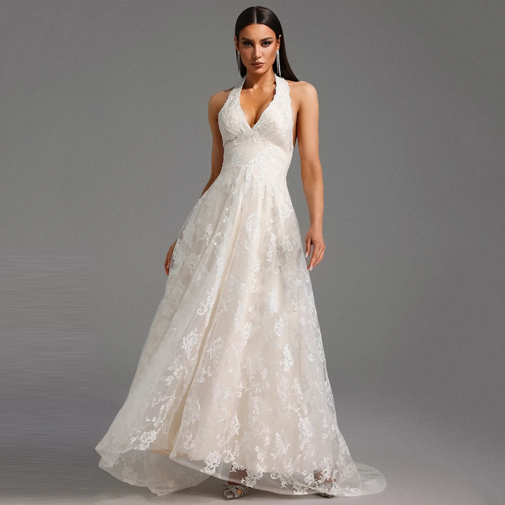 

Customized Halter Neckline A-line Lace Formal Evening Dress Sleeveless Sweep Train Party Dress Backless Floor Length Prom Gown