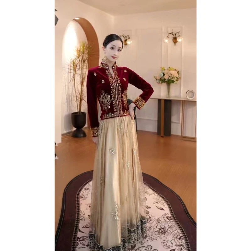 2025 mulheres dança topo manga longa bordado topo trajes tradicionais orientais dança indiana roupas de desempenho palco dql12069