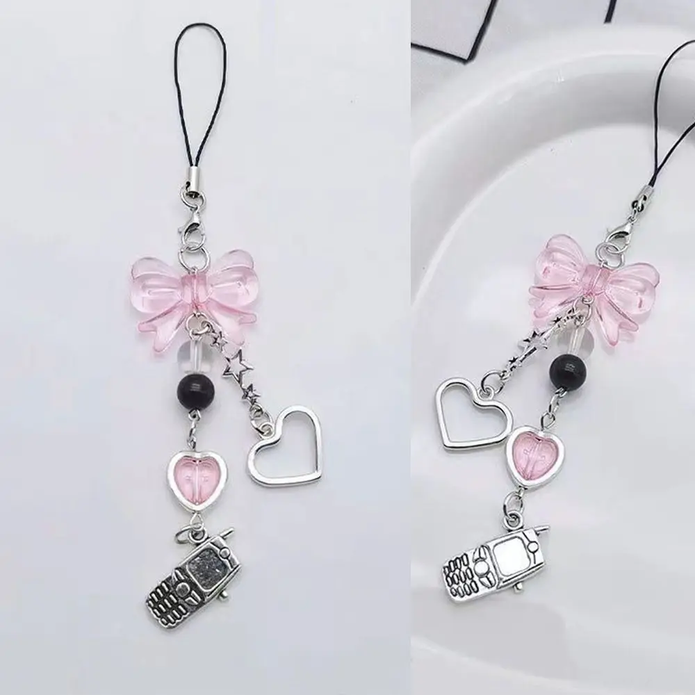 New Bow Cell Phone Rope Chain Anime Pendant Pink Beads Chain Handmade Beads Strand Choker DIY Key Chain Phone Charm Key Chain