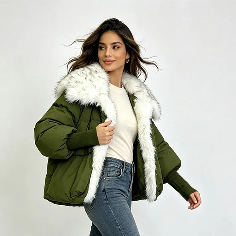 Winter New Women's Large Faux Fur Collar Padded Coat Rib Cuff Zip Up Loose Warm Windproof Elegant Versatile Casual Padded Jacket