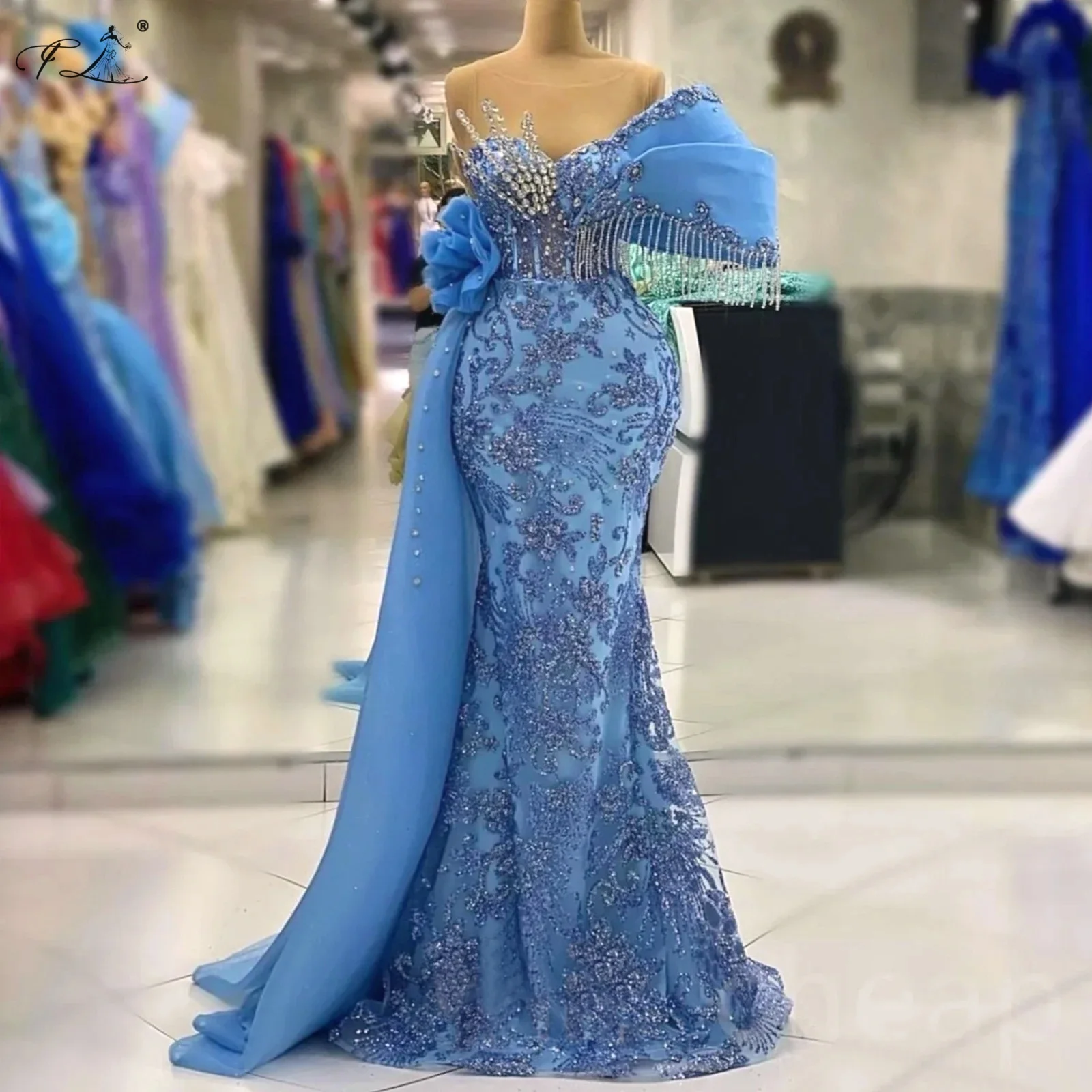 2025 Evening Dress Asymmetrical Sleeves Floral Train Rhinestone Tassels Embroidered Tulle Long Mermaid Ball Gown Cocktail Party