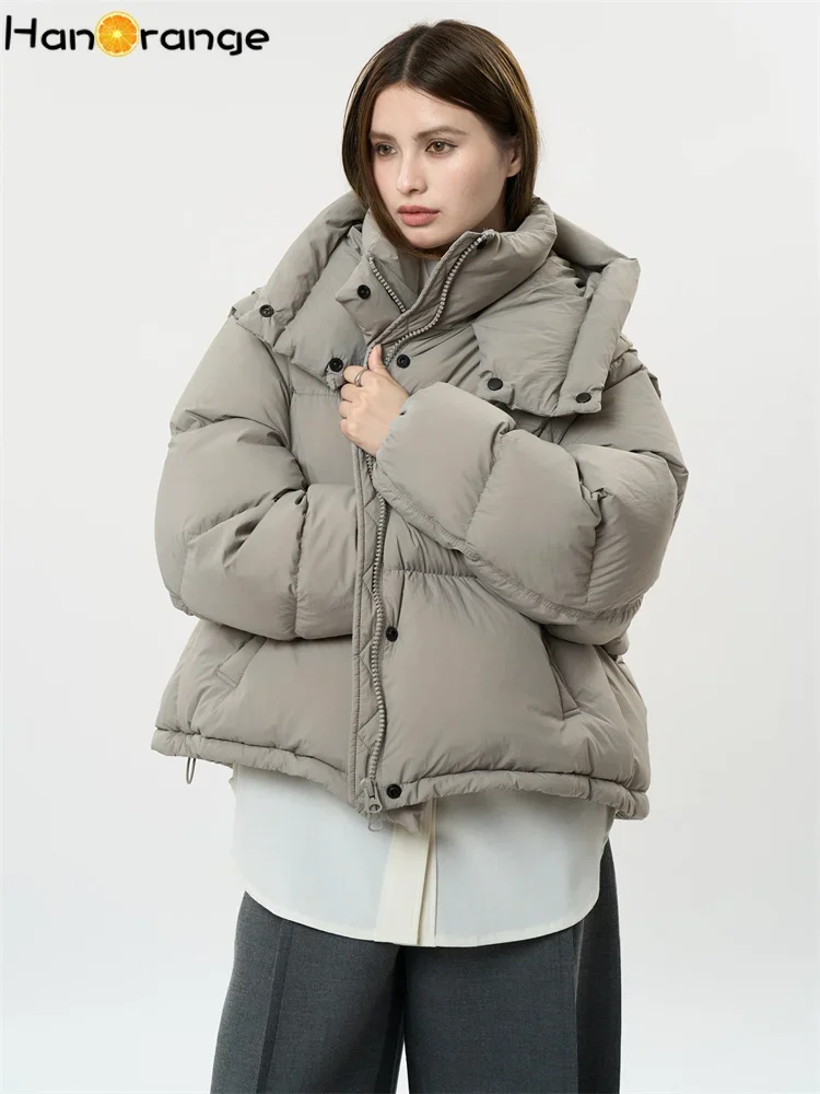 HanOrange 2024 Winter Detachable Sleeves Two Ways Wear Quilted Jacket Women Hooded Loose Thick Parkas Black/Brown/Purple/Beige